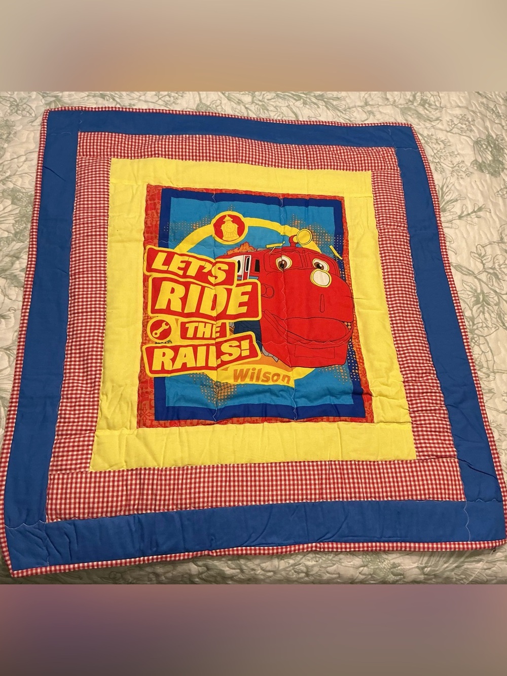 Children's "Let's Ride the Rails" Train Quilted Throw - Red, Blue & Yellow